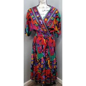VTG Together Dress Womens 8P Multi Rainbow Surplice Neck Shoulder Pads Smocked